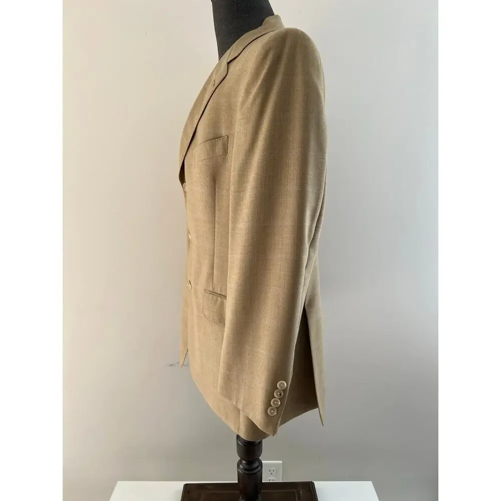 Hart Schaffner Marx 3 Button Suit Jacket Blazer Tan w Blue Windowpane 42S SG